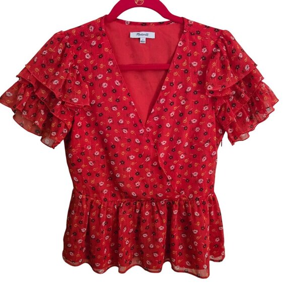 Madewell Tiered Sleeve Peplum Top Metallic Prairie Posies Size 2 - Picture 2 of 11